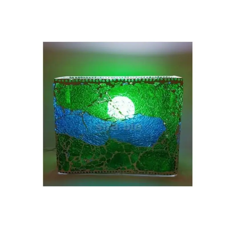 Lampada da tavolo in vetro mosaicata craquelè blu e verde lavorata a mano.sira.bio